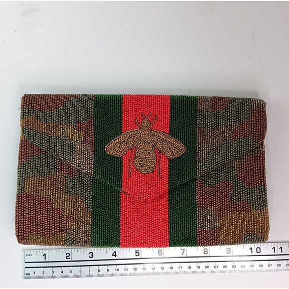 Tiana Beaded Bee Clutch Gold Red Green Stripe Camo Design  Snap Closure 10" x 6" - Picture 10 of 15